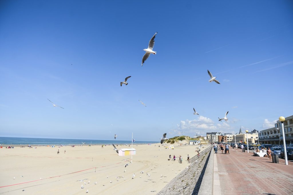 Promenade on right with sand and sea and kite flyers in Berck 