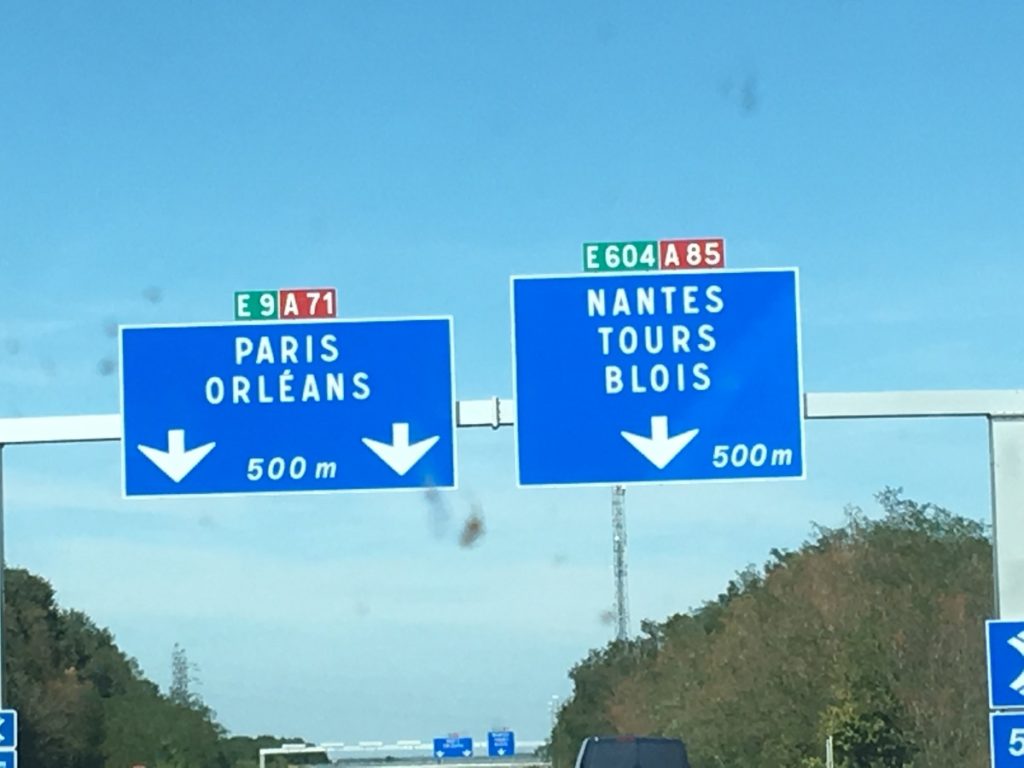 Autoroute signs in France to Paris, Orleans or Nantes Tours