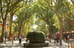Tree lined pedestrian street in Provence with cafes and people and central fountain