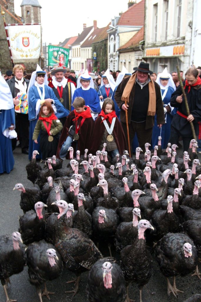 Licques Turkey Parade with black turkeys being driven through the steets by people in costume