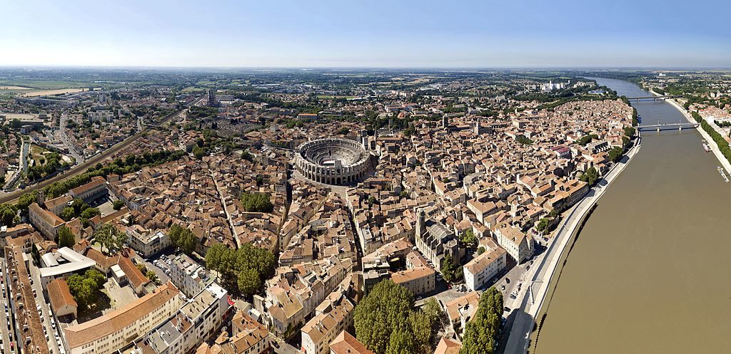 Arles from the air with the circular Roman theater