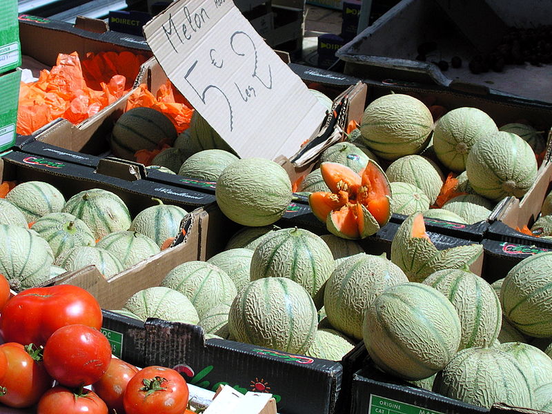 ripe melons on a table with tomatoes and price sign