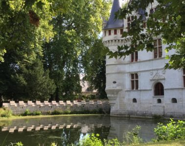 corner towers of Azay le Rideau Loire Chateau reflected in the moat
