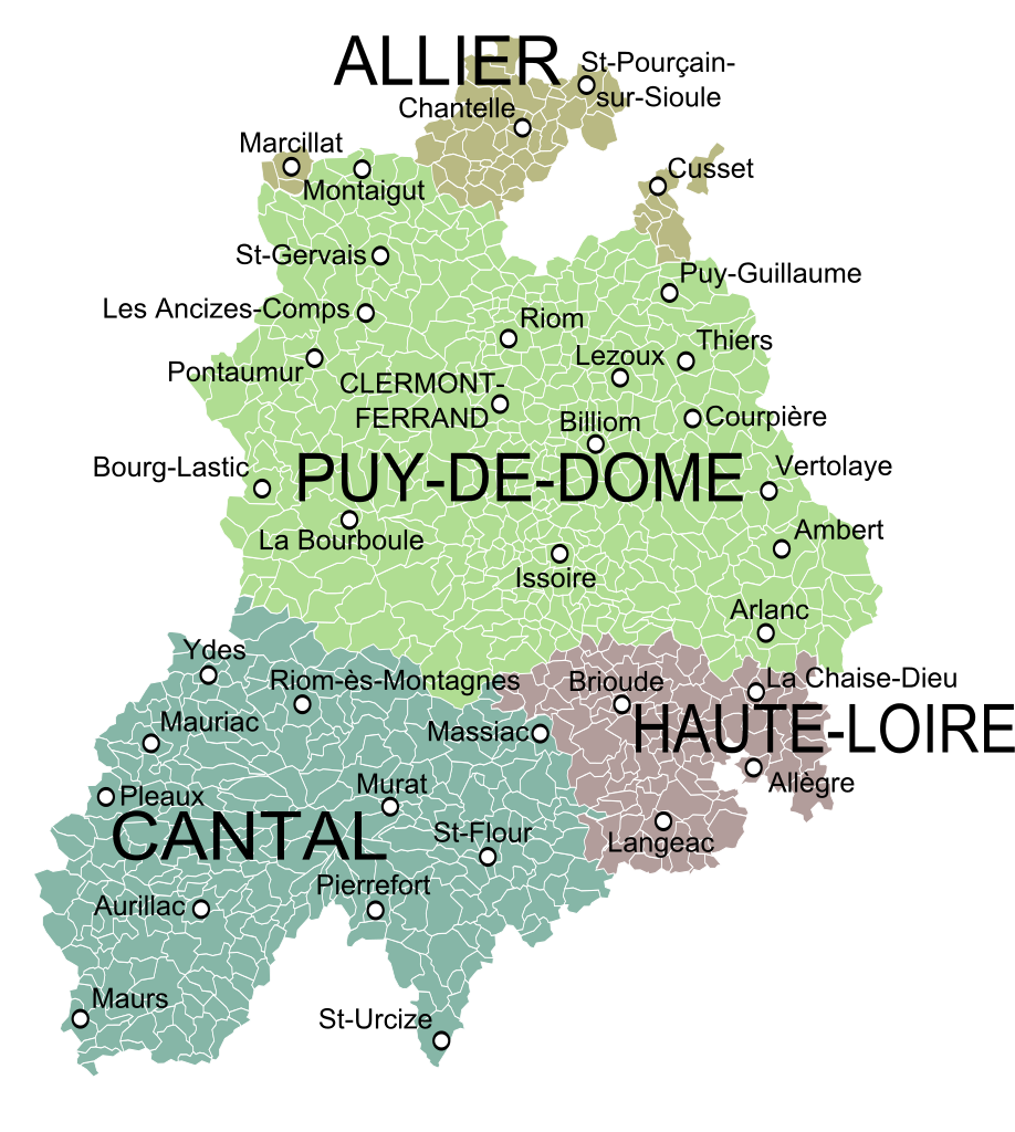 Map of the departments of the Auvergne