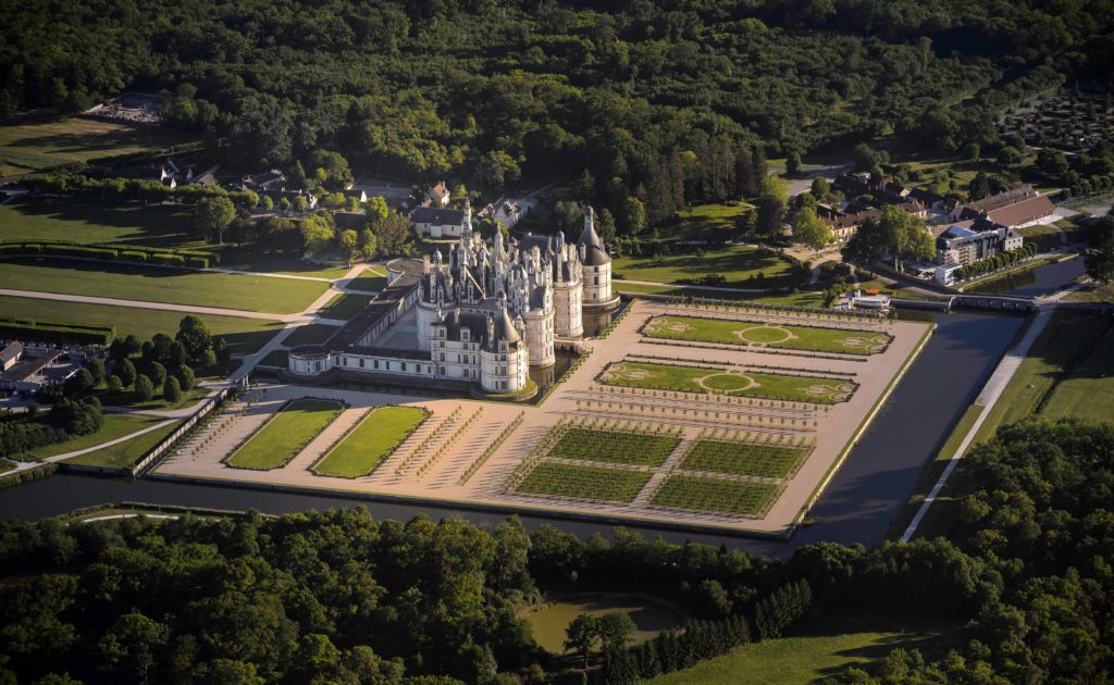chambord Chateau from the air with its gardens