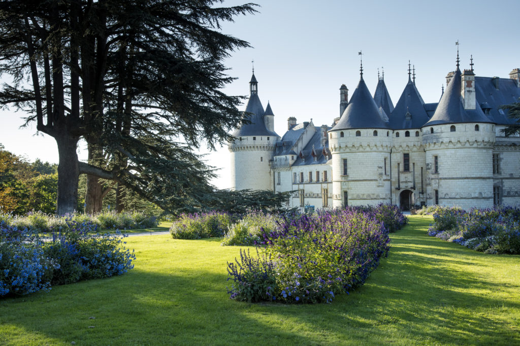 Chaumont-sur-Loire with white chateau in background and gardens in front