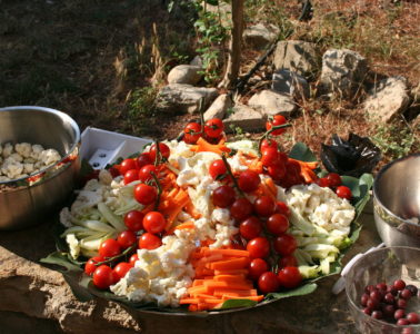 Provence crudites with tomatoes, cauliflower, carrots on a plate on a wooden table with rustic backgroundfresh tomatoes,