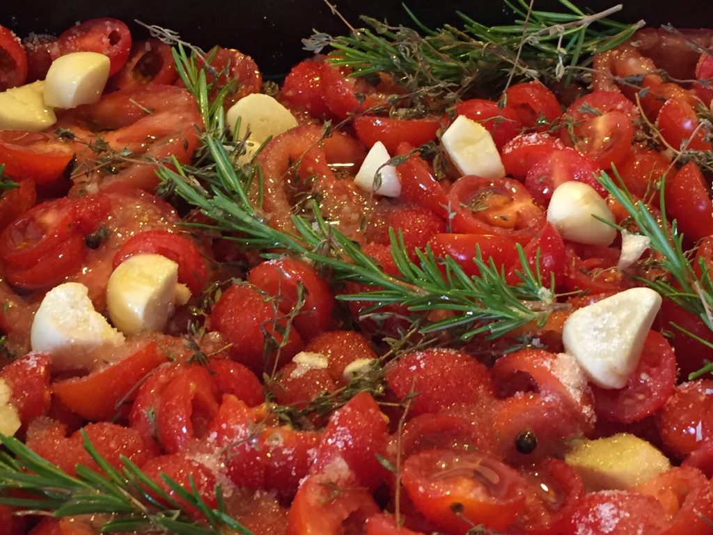 tomatoes, garlic, fresh rosemary, courgettes for a ratatouille