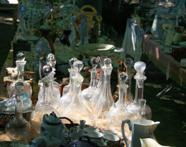 Old glass decanters on table