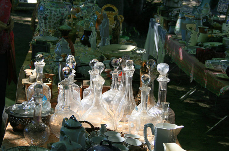 Old glass decanters on table