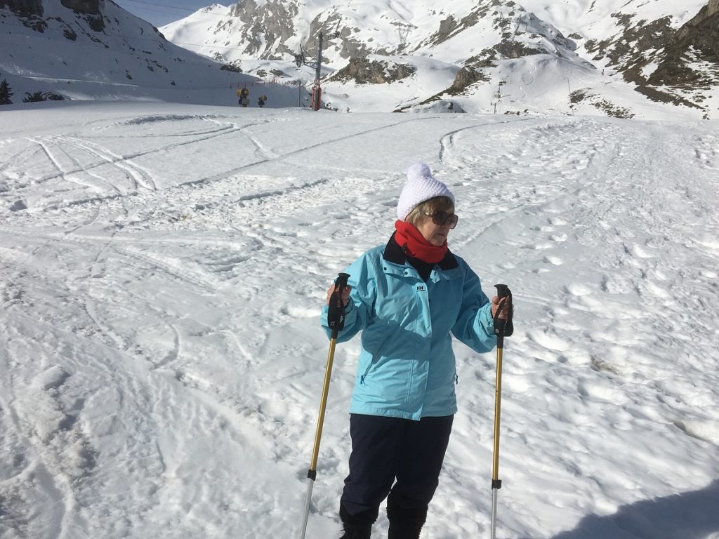 Mary Anne Evans on skis at resort ready for the slopes