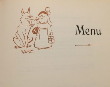 Menu from the Art of Cuisine with wolf licking small girl's face in a cartoon style