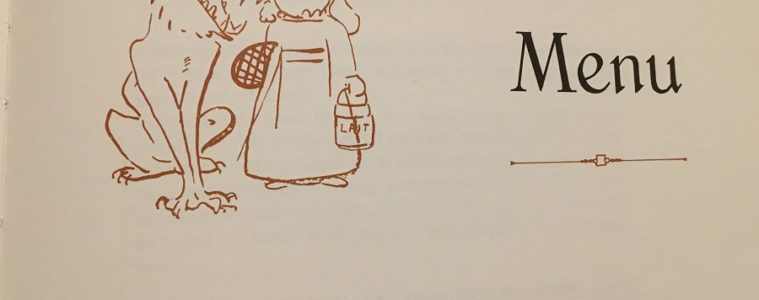 Menu from the Art of Cuisine with wolf licking small girl's face in a cartoon style