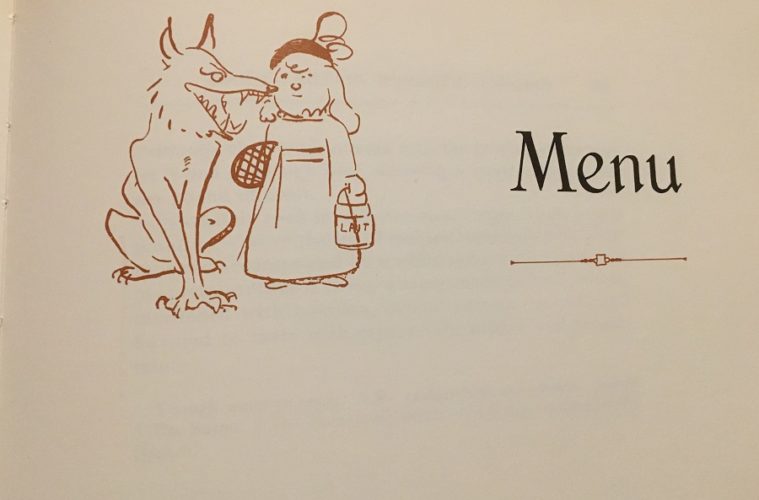 Menu from the Art of Cuisine with wolf licking small girl's face in a cartoon style