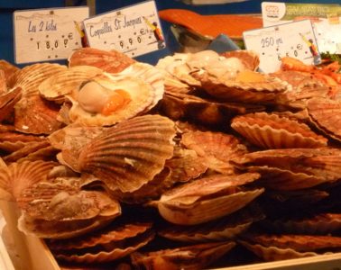 scallops on sale on market stall
