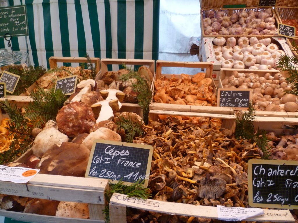 different mushrooms in boxes with prices on blackboards at French market
