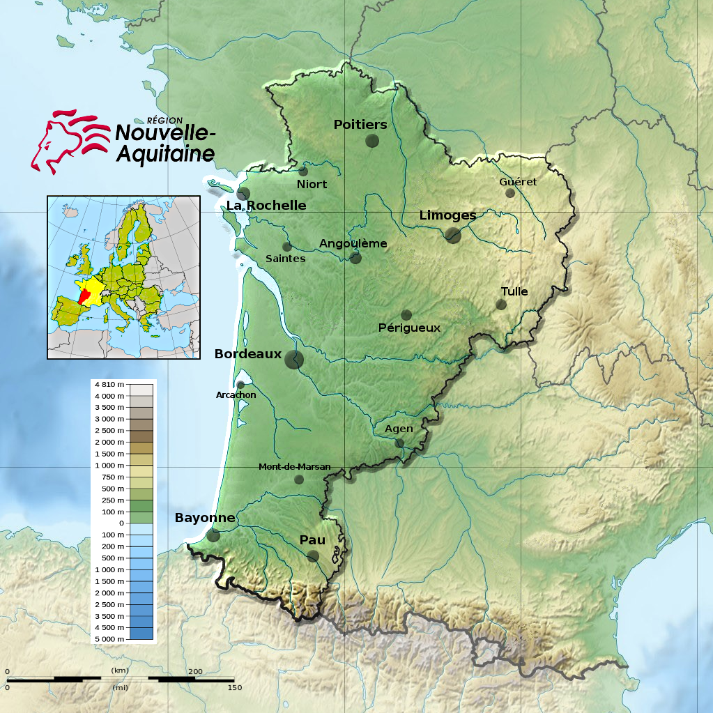 Topographical map of Nouvelle Aquitaine showing position in souther France, main cities and heights of different areas