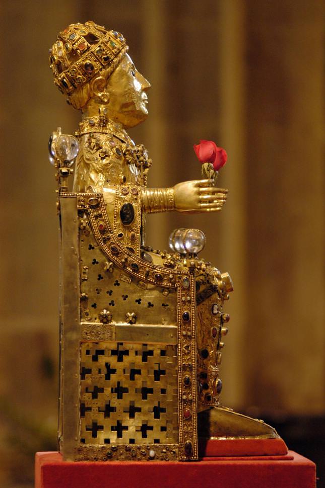 Treasure of Sainte Foy in Conques with gold statue of saint seated on gold throne