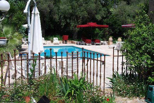 L'Air du Temps bed and breakfast in Juan les pins view of pool with umbrellas and chairs through iron gate