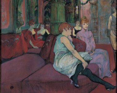 Au Salon de la rue des Moulins Toulouse-Lautrec painting of dancers on sofa