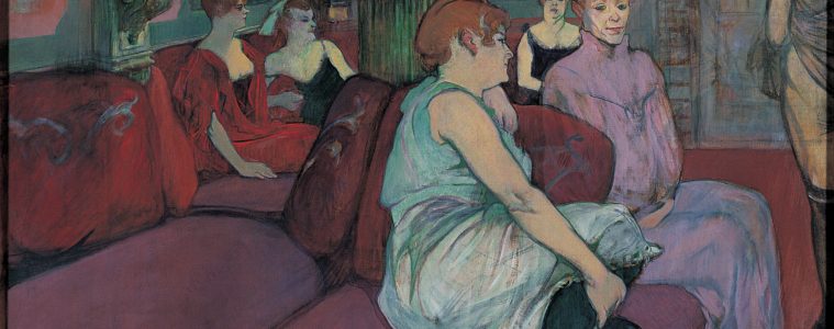 Au Salon de la rue des Moulins Toulouse-Lautrec painting of dancers on sofa