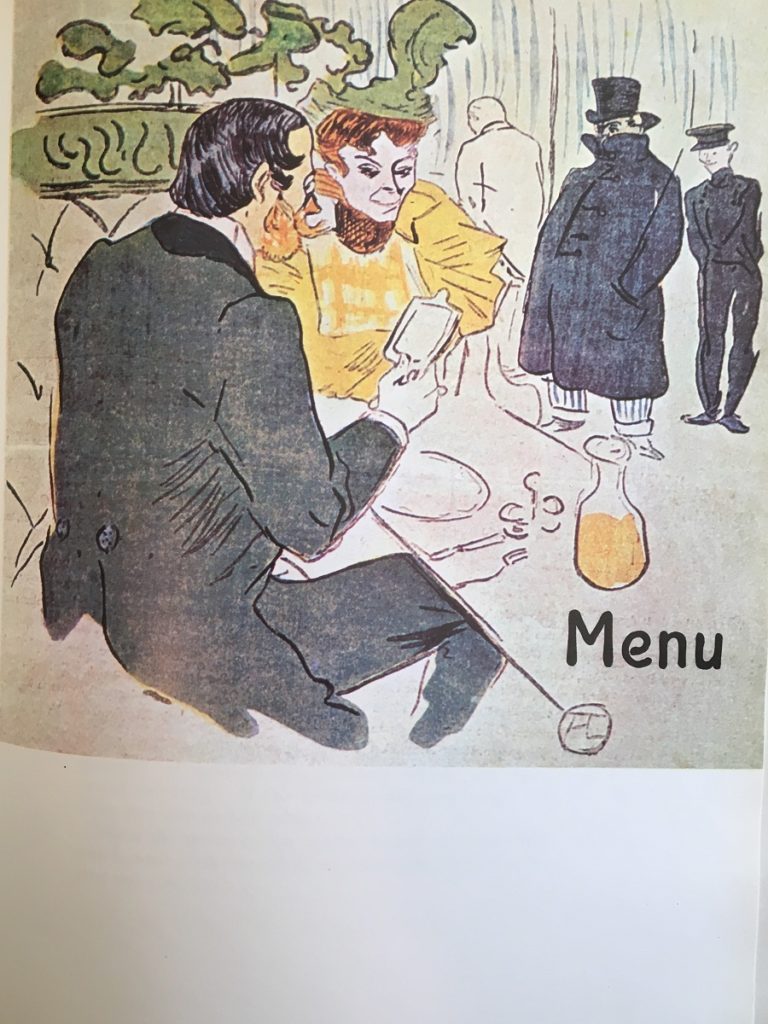 Toulouse-Lautrec Menu for his friends with couple he in black and she in yellow sitting at table of food and wine carafe