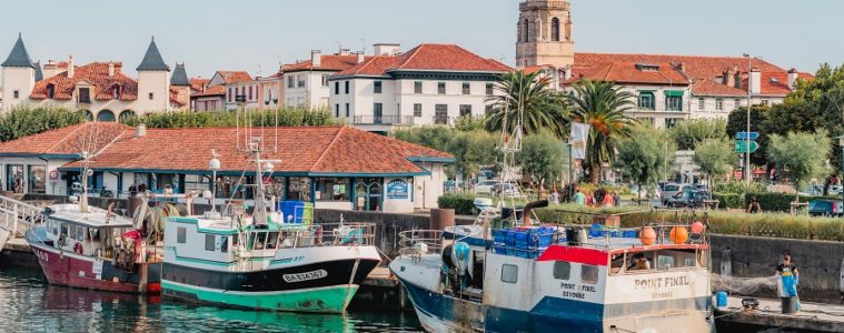 From the water looking at the small harbour of St Jean de Luz on the French Atlantic coast with red rooved buildings in background and tall tower and boats in foreground