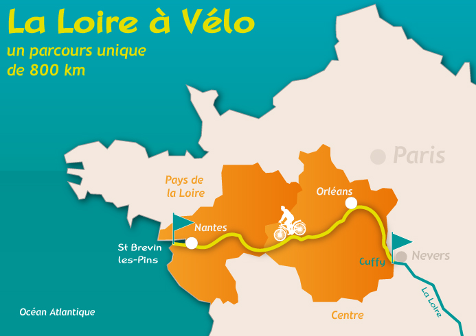 Loire a Velo showing route of the Loire cycle route from cuffey in the Cher to the ocean