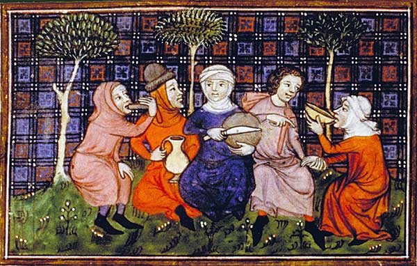 Peasants breaking bread (breakfast) in 14th century print with 5 figures with middle lady cutting a loaf