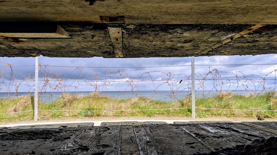 Pointe du Hoc bunker looking out onto sea part of Normandy Landing Beaches