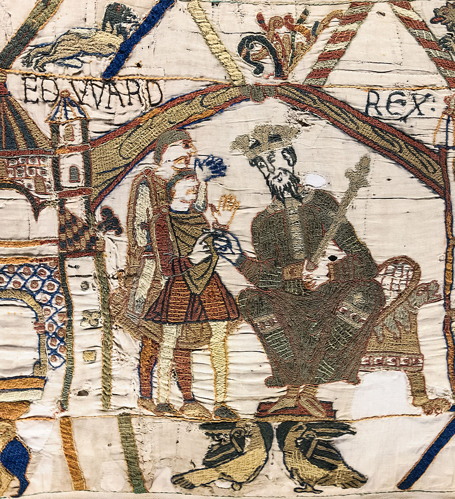 Panel 1 of Bayeux Tapestry showing Edward crowned King of England in 1066