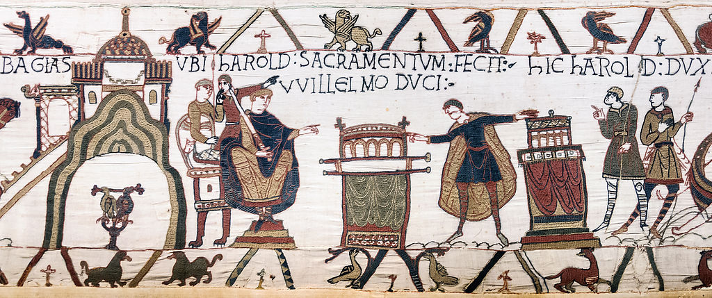 Bayeux Tapestry scene 2 showing Harold swearing an oath to William the Conquere on holy relics