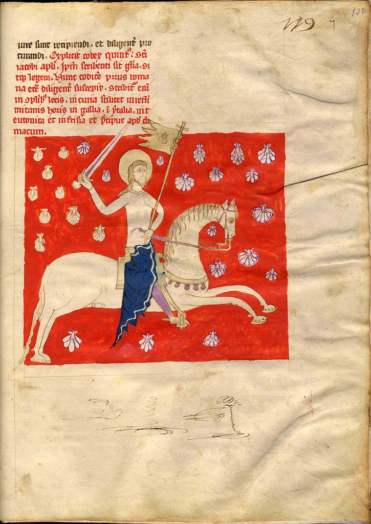 Page of the Codex Calixtinus showing man onhoseback holding a sword with red background and Latin Medieval manuscript