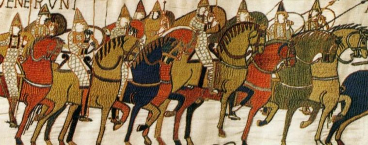 Bayeux Tapestry with many English soldiers on horseback in warm colours with beasts in bottom panel and birds and two men wrestling in top