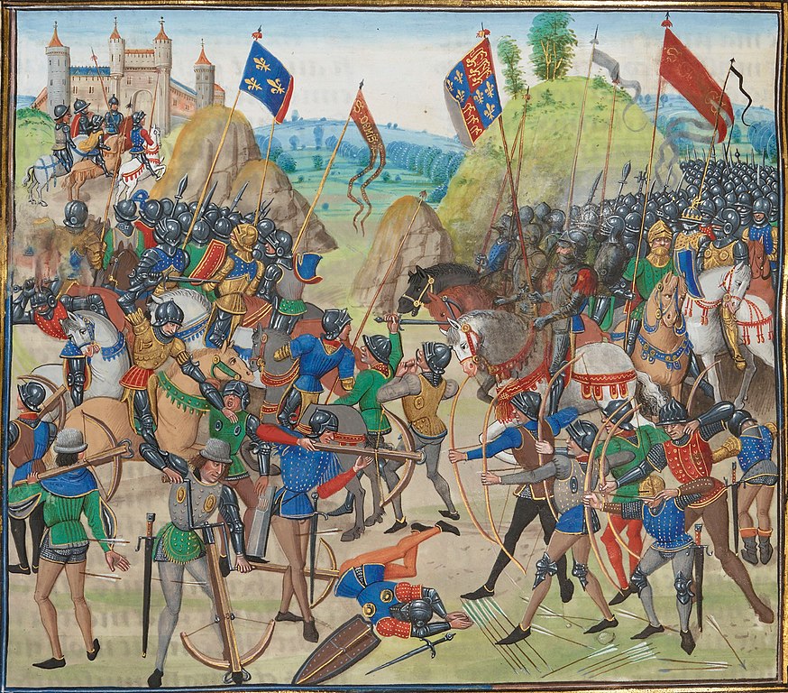 Battle of Crécy in Froissart's Chronicles. Medieval illuminated manuscript with two armies fighting hand to hand and romantic looking castle on the hill behind