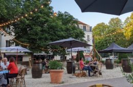 Courtyard bar in Fontainebleau with tables, chairs, parasols, people, a dog and barrels with trees and hotel behind