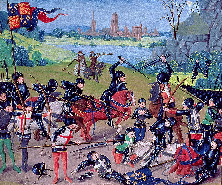Page of St Albans Chronicle by Thomas Walsingham showing close up fighting with English on left and French in blue on right with horsemen and swords