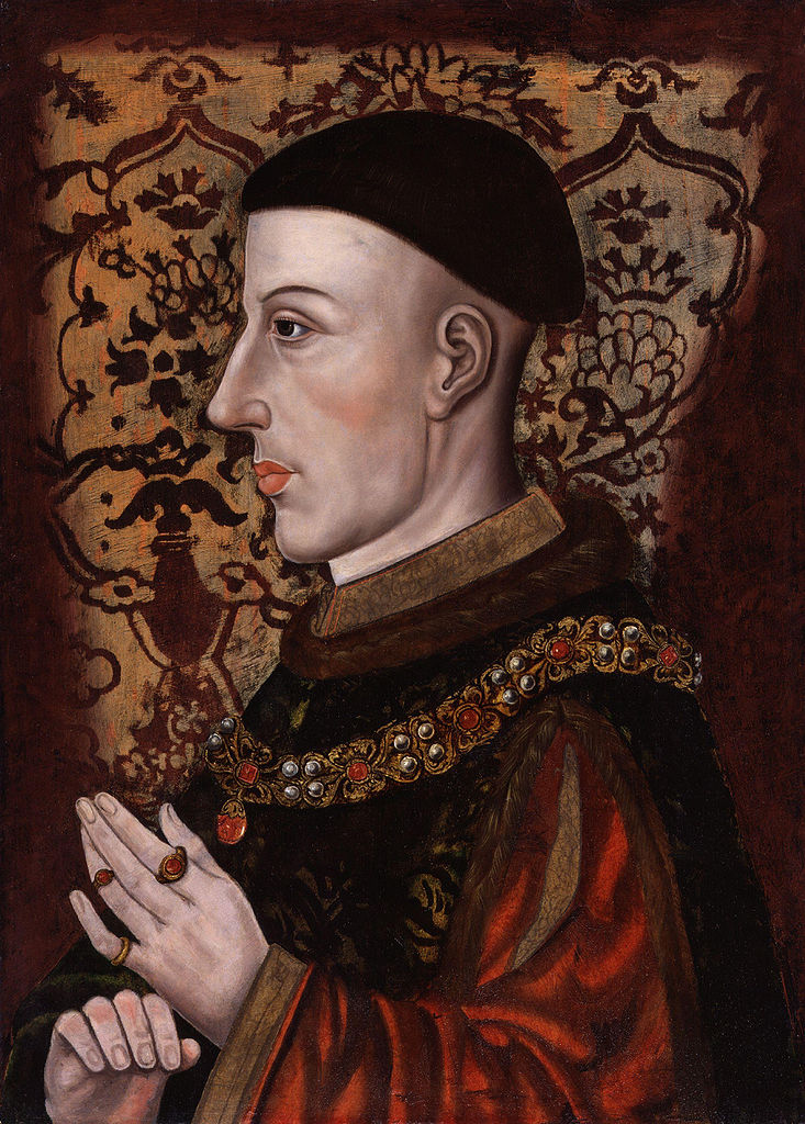Portait of King Henry V. Profile of man with tonsured head, long thin face, black velvet costume with Garter medal and ahin around his neck and hands full of rings
