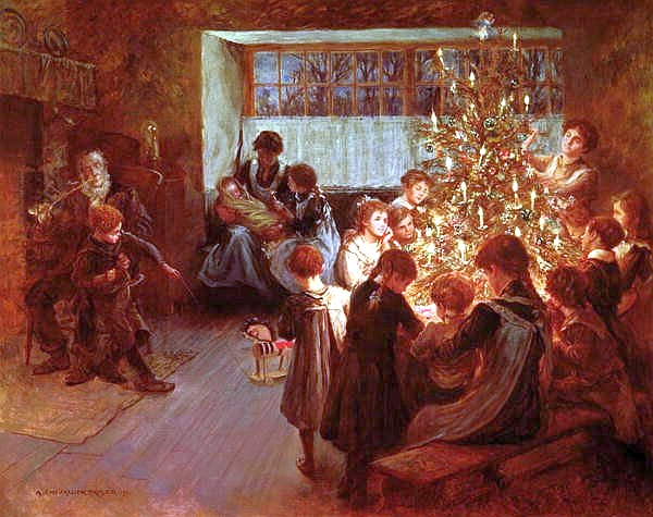 Albert Chevallier Tayler print of Christmas Tree 1911 showing children gathered around a tree to right lit with candles, wooden floor and adults in chairs behind