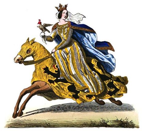 1849 print of Joan of Flanders on horseback. Horse protected for war, Joan looking back with clothes slying, carrying falcon on her hand