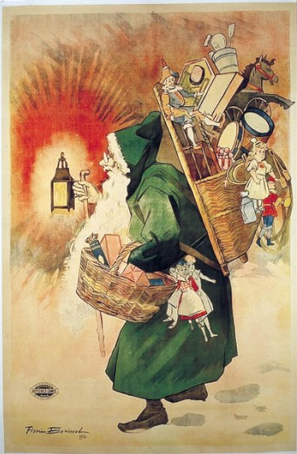 Père Noël (Father Christmas) poster from the 19th century showing Father Cjhristmas in a green coat and hat carrying a lantern and a sack full of antique wooden toys
