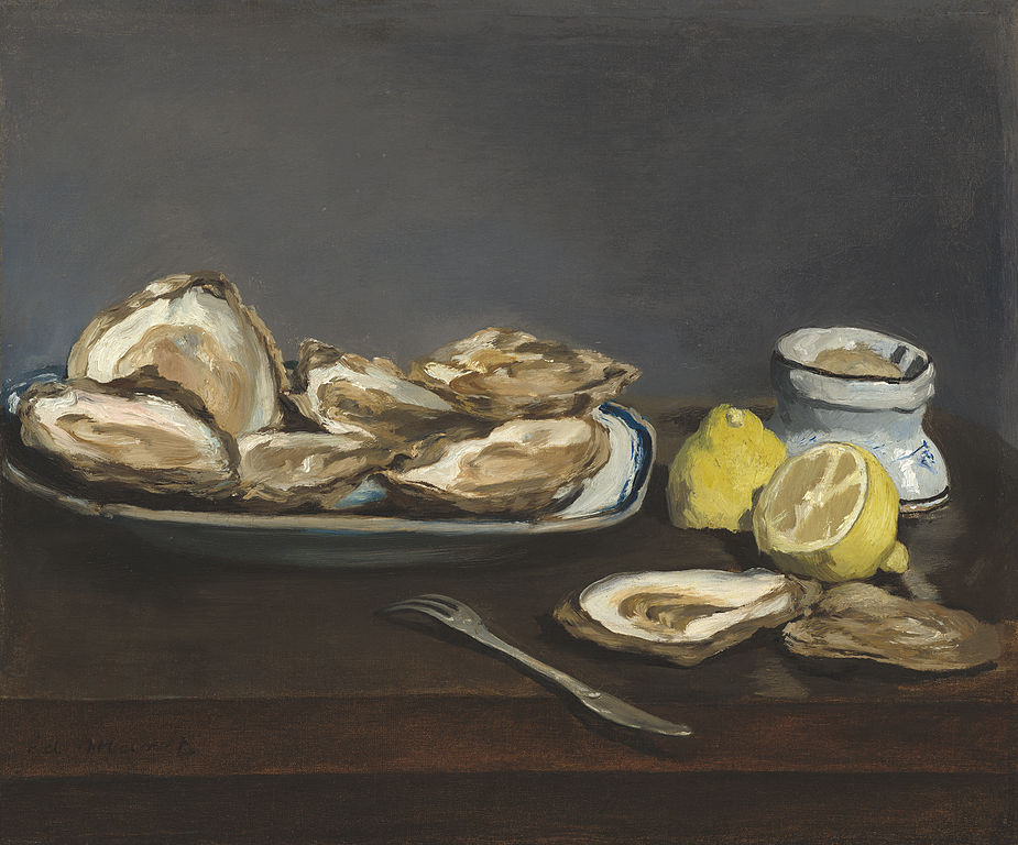 Manet oil painting of oysters showing plate of them, one in front on wooden tables, lemons beside