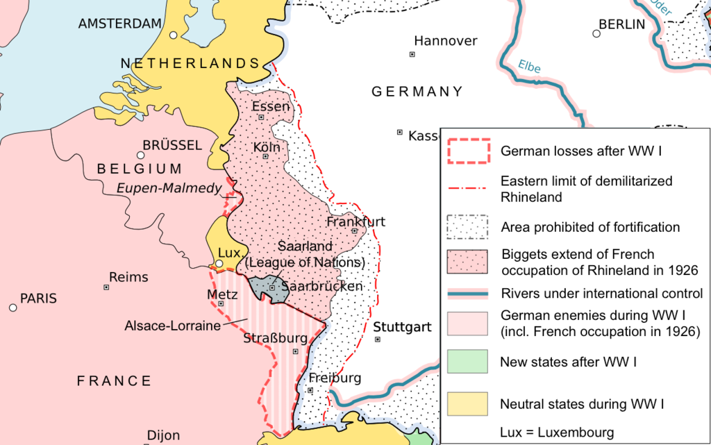Map of France, Germany, Belgium and Luxembourg after the Versailles treaty showing what Germany lost post WWI