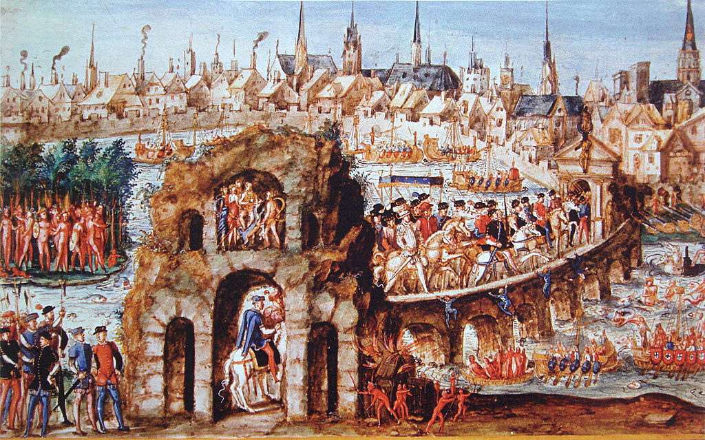 Very busy picture of Henri II entering Rouen entitled Brazilian ball showing him entering large gate leading to a walkway into the city over water with him on horseback and many citizens greeting him plus small figures dressed like devils in water below