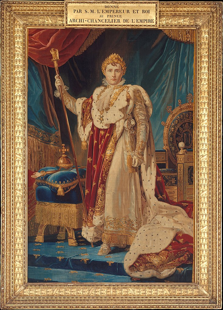 Tapestry Portrait of Napoloen I looking like a painting in a gold frame
