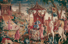 Beauvais tapestry showing the Prince's Journey. Chinoiserie with prince in canopied chair carried by four men surrounded by fantasy countryside