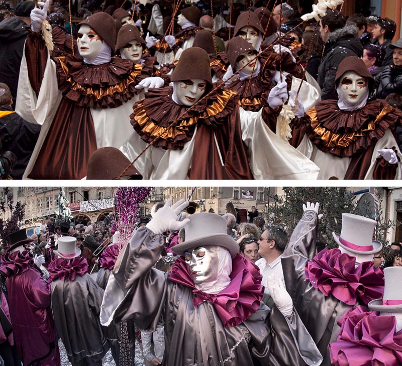 2 pics of Limoux Carnival showing people dressed up wearing different masks
