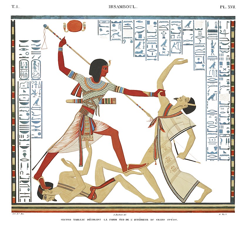 illustration by Jean Francois Champollion in book showing hieroglyphs surrounding picture of one many in Egyptian costume hlding spear and forcing it into body of second warrior