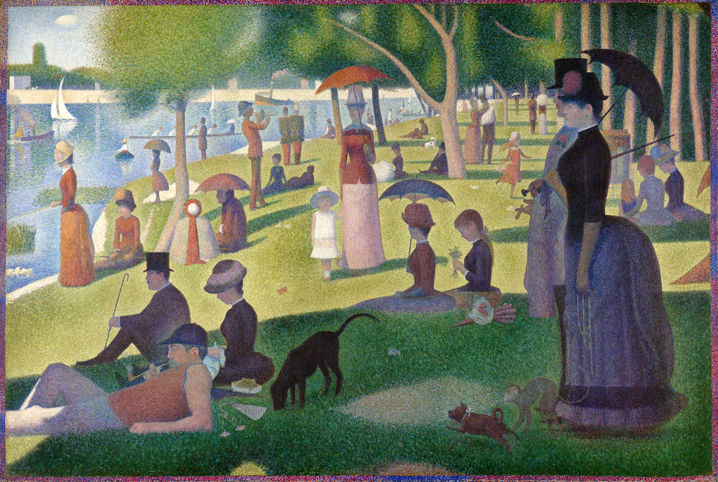 Painting of Sunday on La Grande Jatte by Georges Suerat launching pointillisme. Painting of thousands of little dots showing ladies, men and families beside the water with trees shading front of picture and lady with parasol in middle and ladies with bustles at back of dresses on right