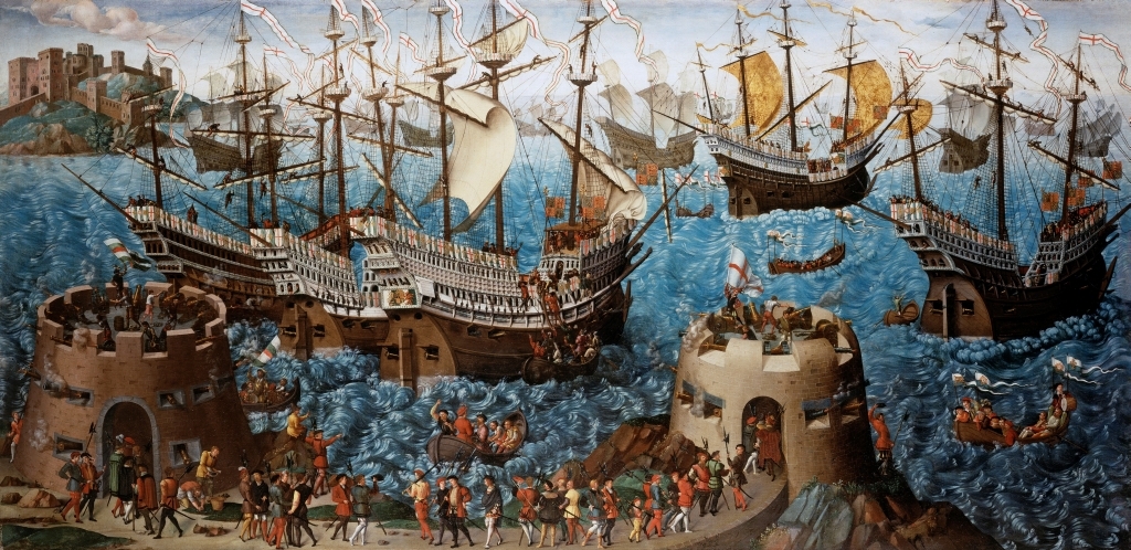 Old painting showing Henry VIII embarking for the File of the Cloth of Gold with ships and sils up on sea and Dover castle in foreground